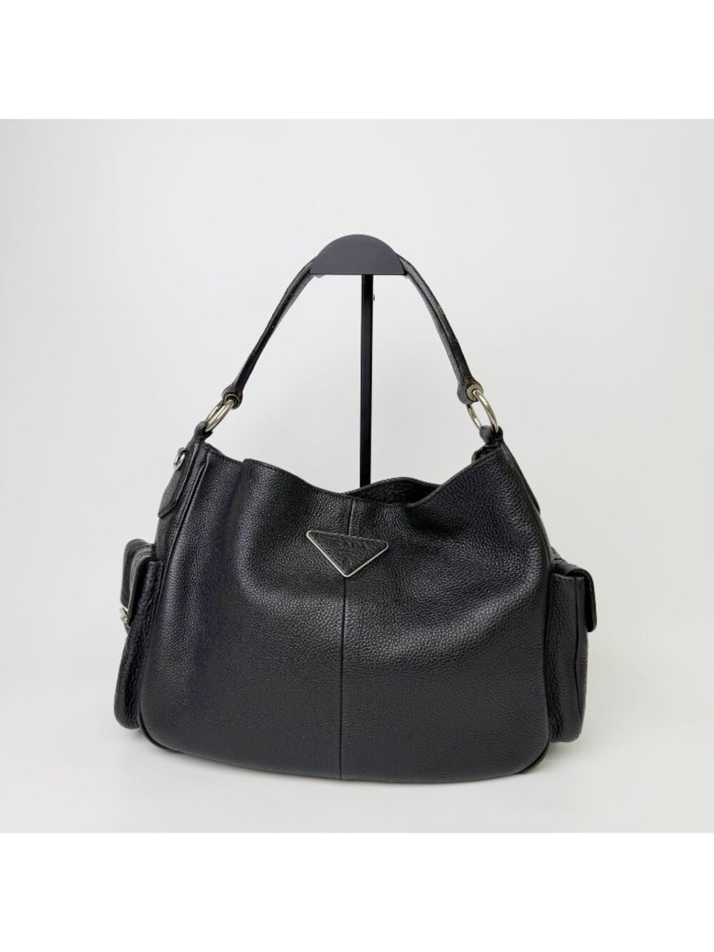 Prada Side Pocket Triangle Logo Leather Hobo Shoulder Bag Black Silver Vintage